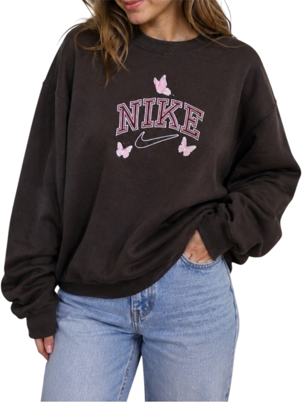 Custom Butterfly Graphic Crewneck Sweatshirt Brown Oversized Coquette Aesthetic